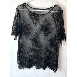 Emery Rose Womens XL Dark Floral Mesh‎ Embroidered Scalloped Fringe Trim Grunge